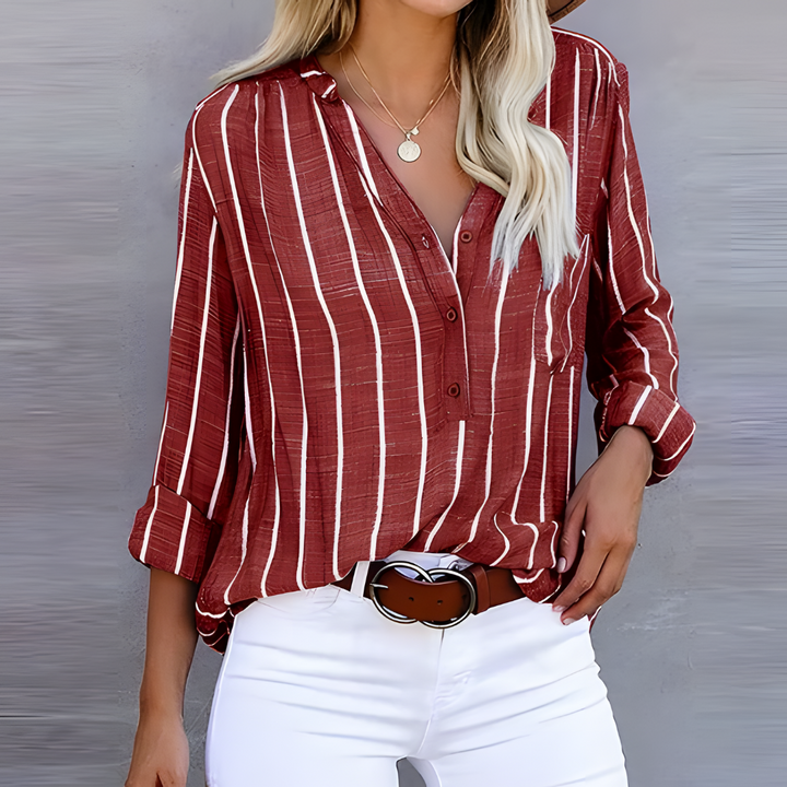 "Chemise rayée élégante bleu à manches longues retroussables, col en V boutonné, style décontracté pour femmes."