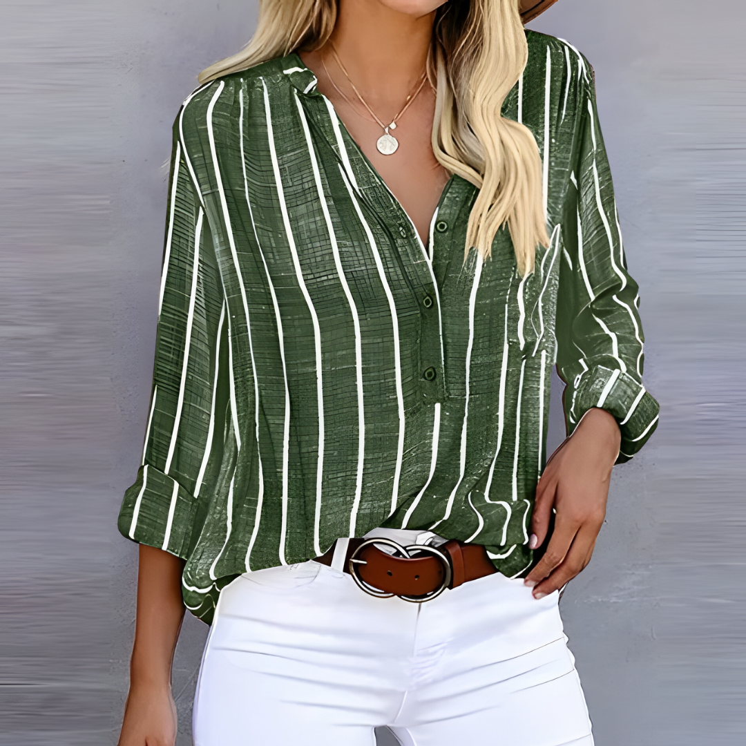 "Chemise rayée élégante bleu à manches longues retroussables, col en V boutonné, style décontracté pour femmes."