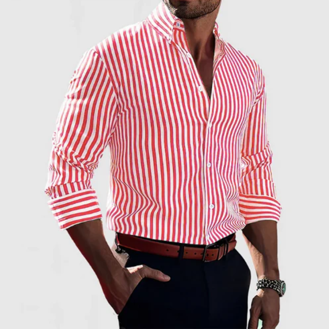 Chemise rayée homme en coton premium, manches longues, coupe ajustée, motif rayé classique, élégance et confort sophistique.