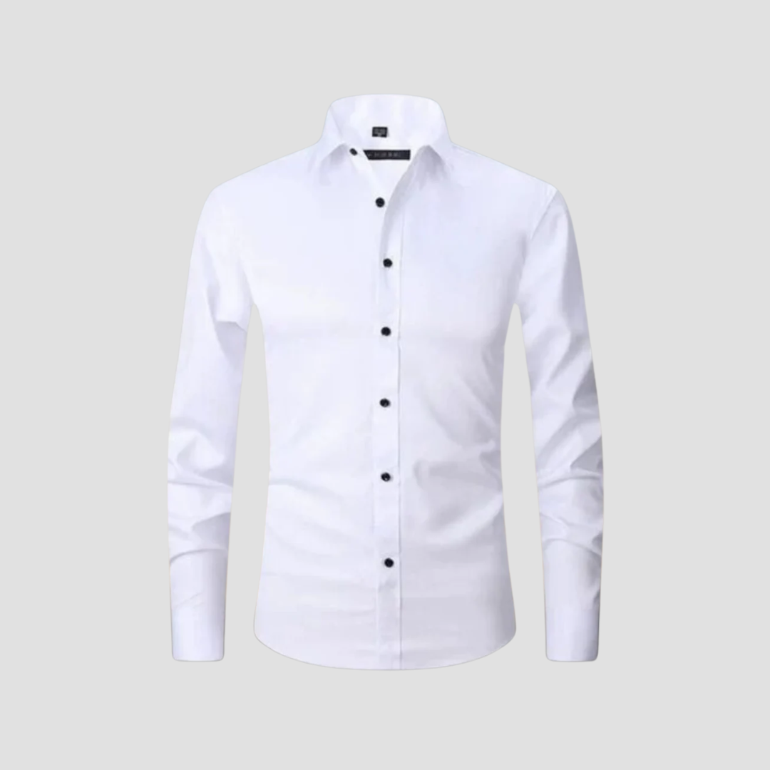 "Chemise slim homme élégante moderne, vue frontale, coupe ajustée, col classique, tissu doux, bordeaux, lignes nettes"