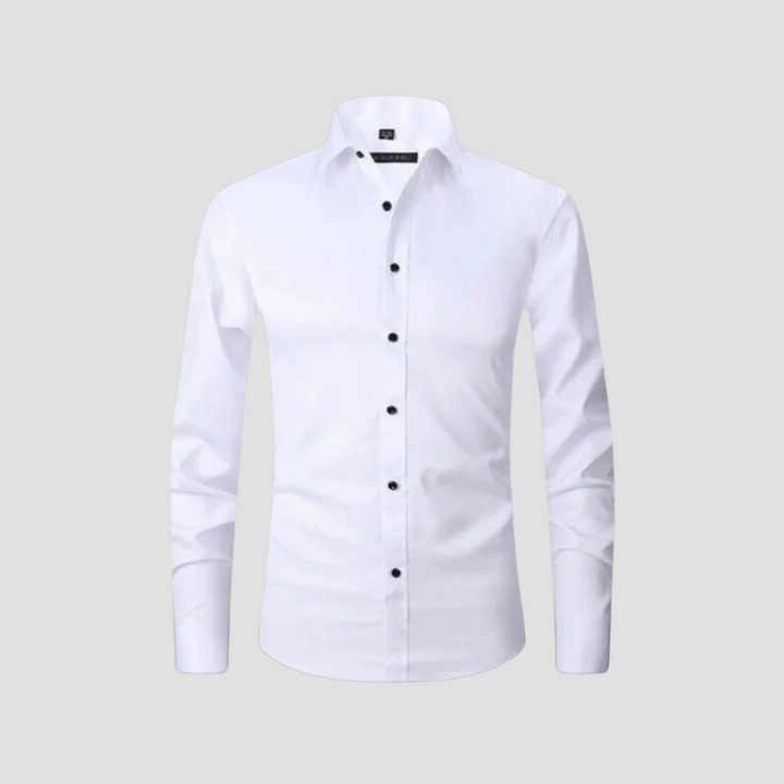 "Chemise slim homme élégante moderne, vue frontale, coupe ajustée, col classique, tissu doux, bordeaux, lignes nettes"