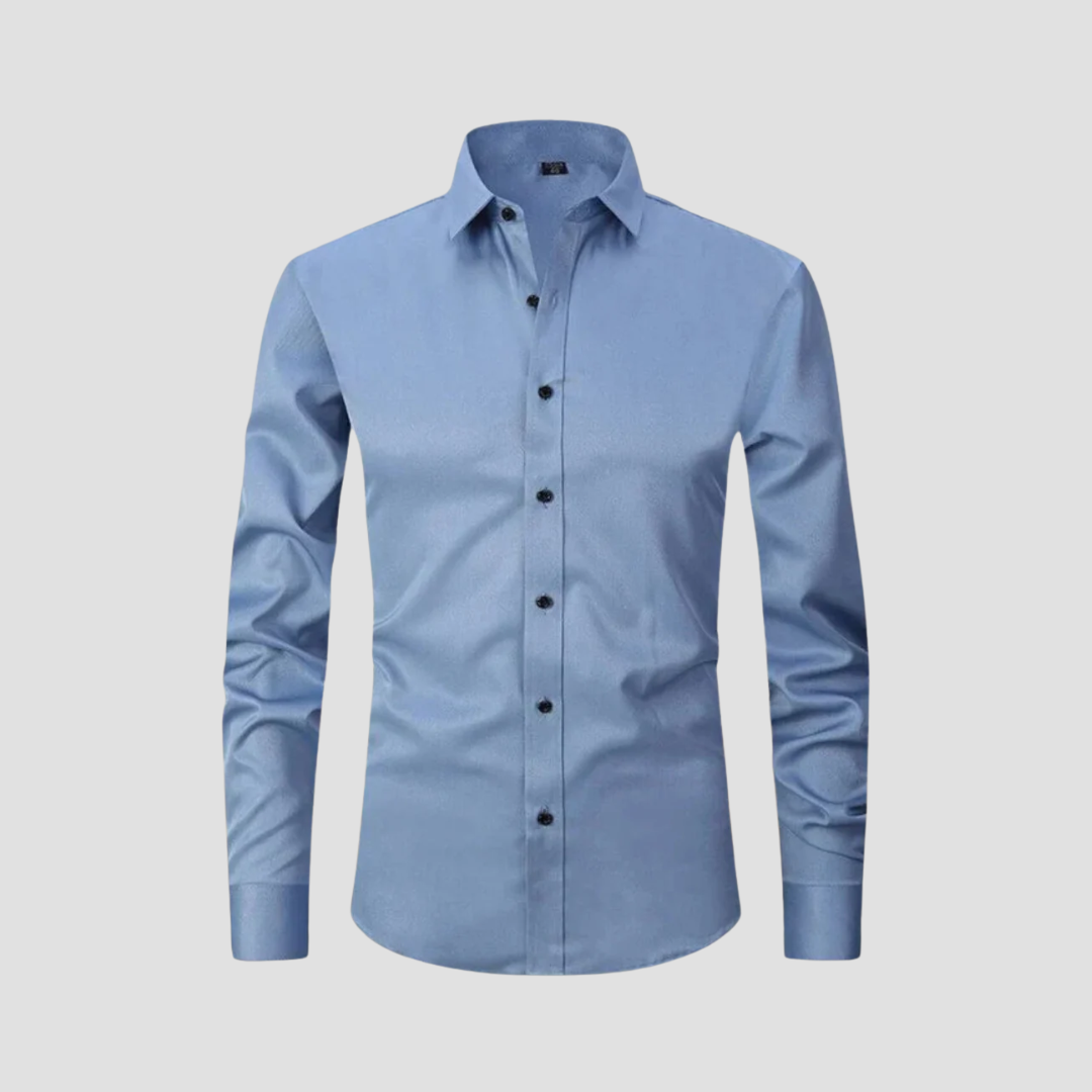 "Chemise slim homme élégante moderne, vue frontale, coupe ajustée, col classique, tissu doux, bordeaux, lignes nettes"