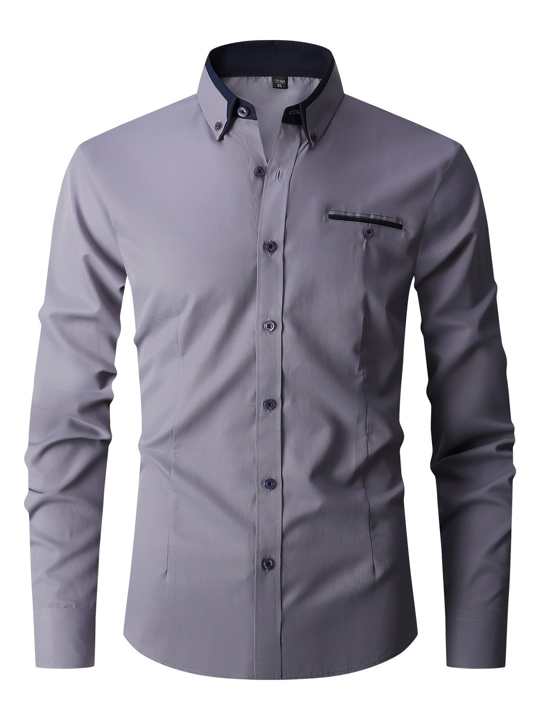 Détail: Chemise boutonnée homme, col classique, tissu stretch moderne. Confortable et élégante pour la saison automne.