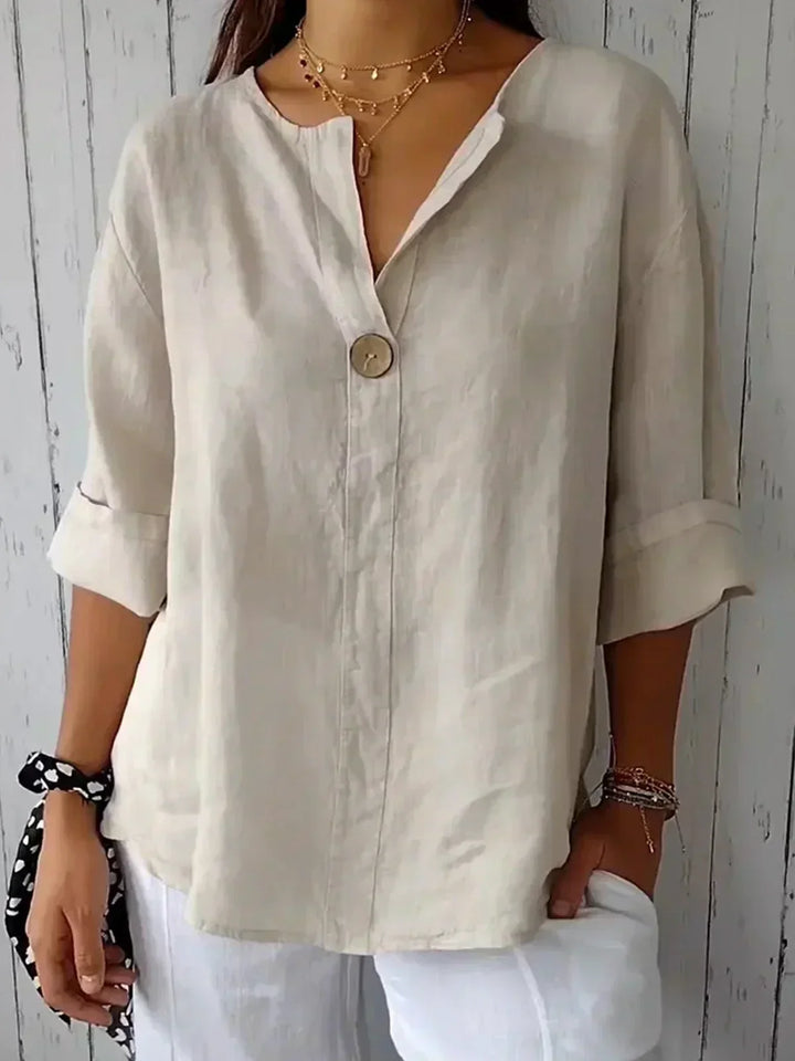 Chemisier en lin pour femme, élégant col en V, coupe décontractée, design minimaliste, coloris variés, tailles S à 5XL.