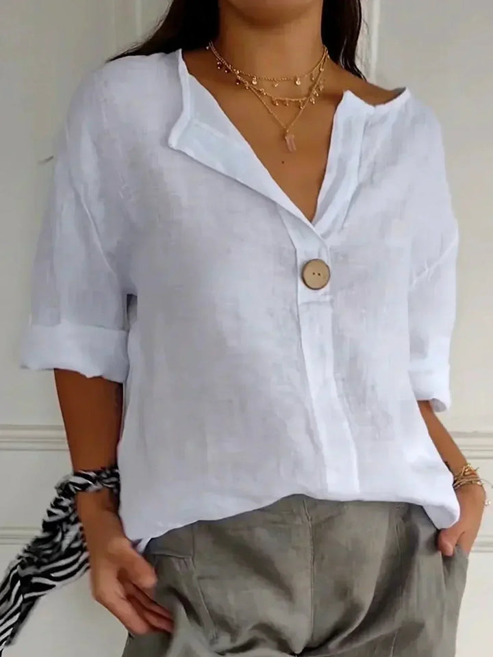 Chemisier en lin pour femme, élégant col en V, coupe décontractée, design minimaliste, coloris variés, tailles S à 5XL.