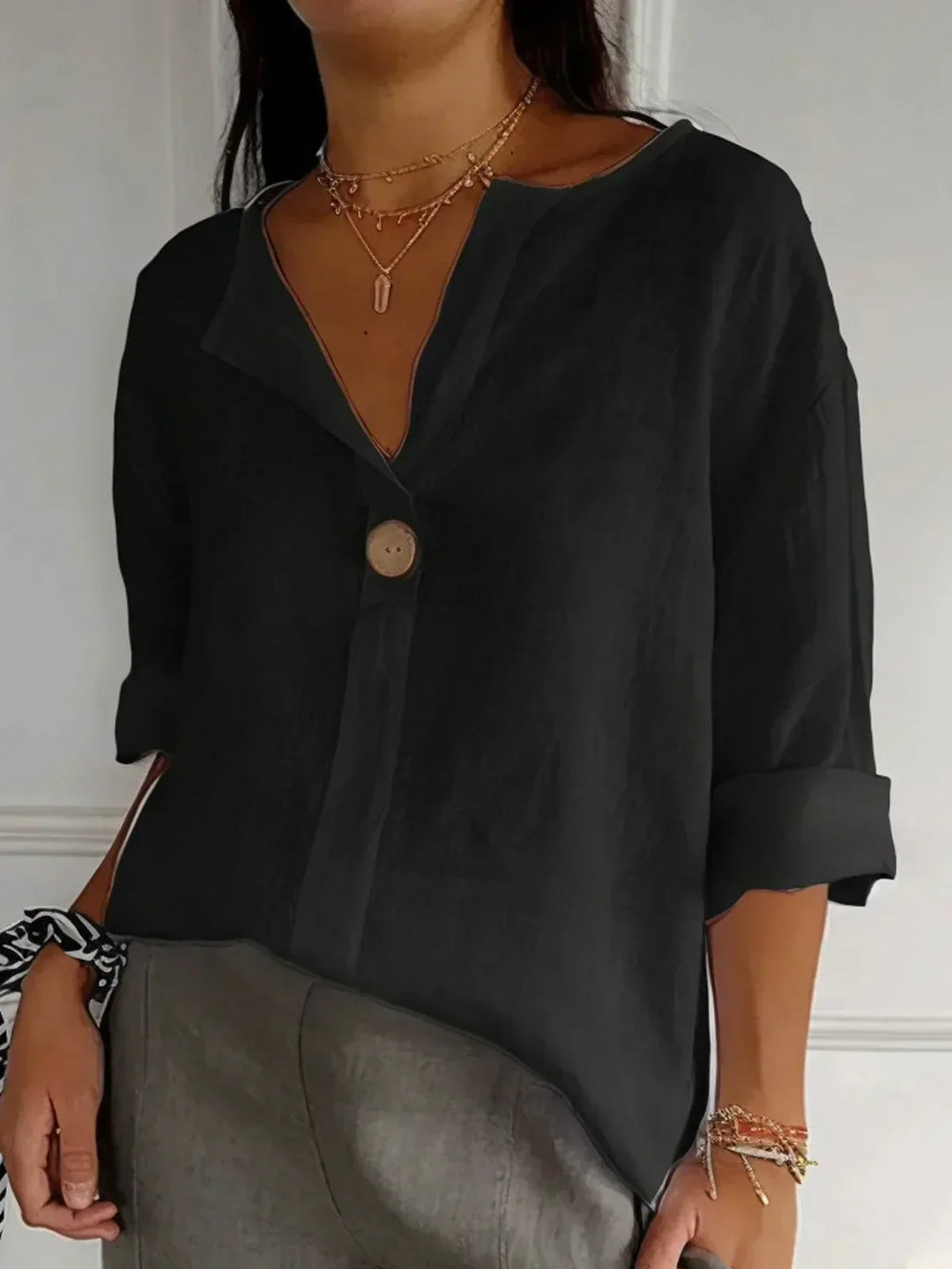 Chemisier en lin pour femme, élégant col en V, coupe décontractée, design minimaliste, coloris variés, tailles S à 5XL.