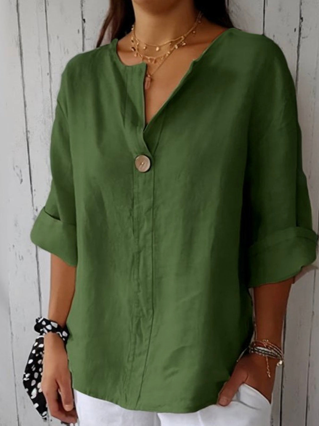 Chemisier en lin pour femme, élégant col en V, coupe décontractée, design minimaliste, coloris variés, tailles S à 5XL.