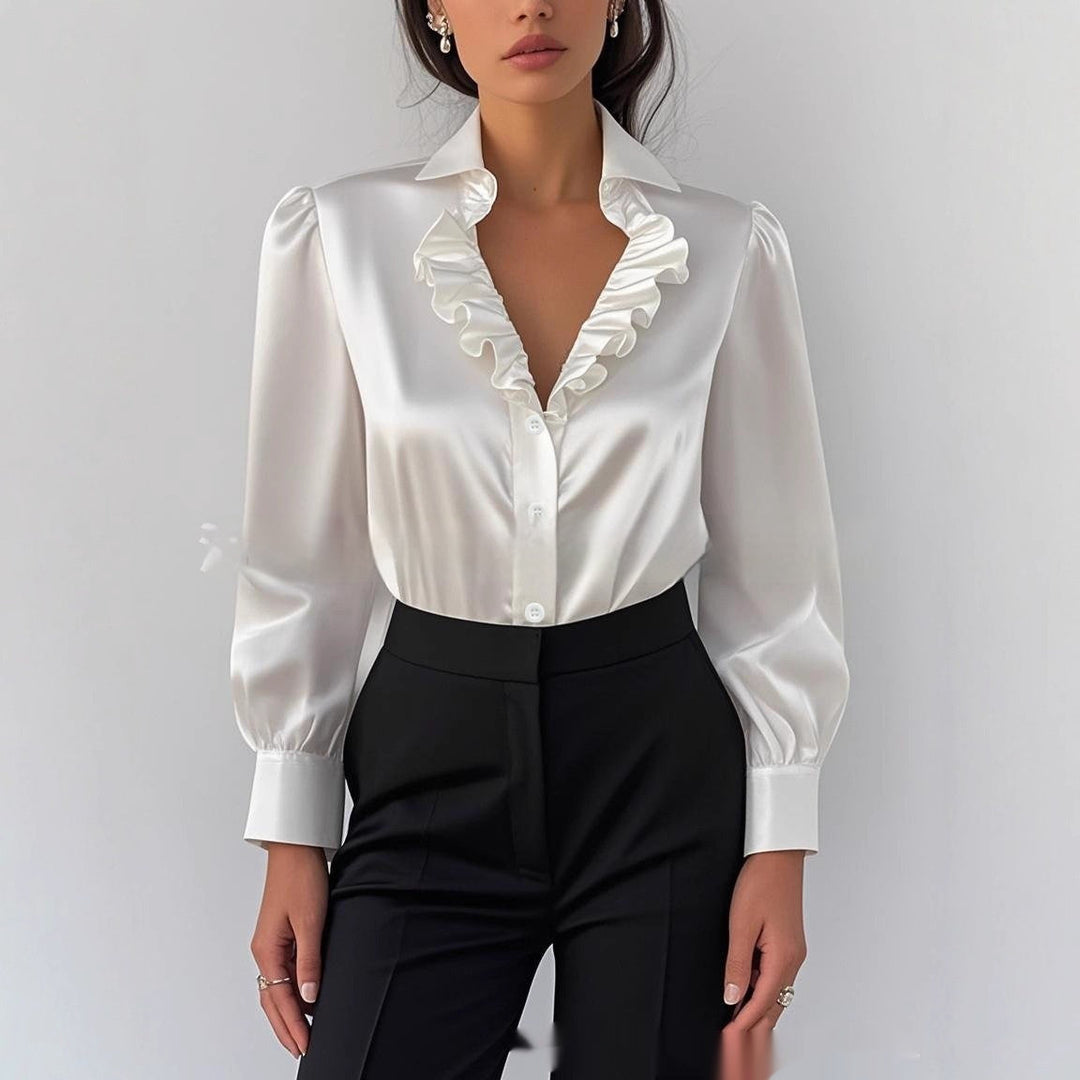 Chemisier femme blanc élégant à volants, style français chic, idéal pour bureau ou tenue décontractée automne/printemps.