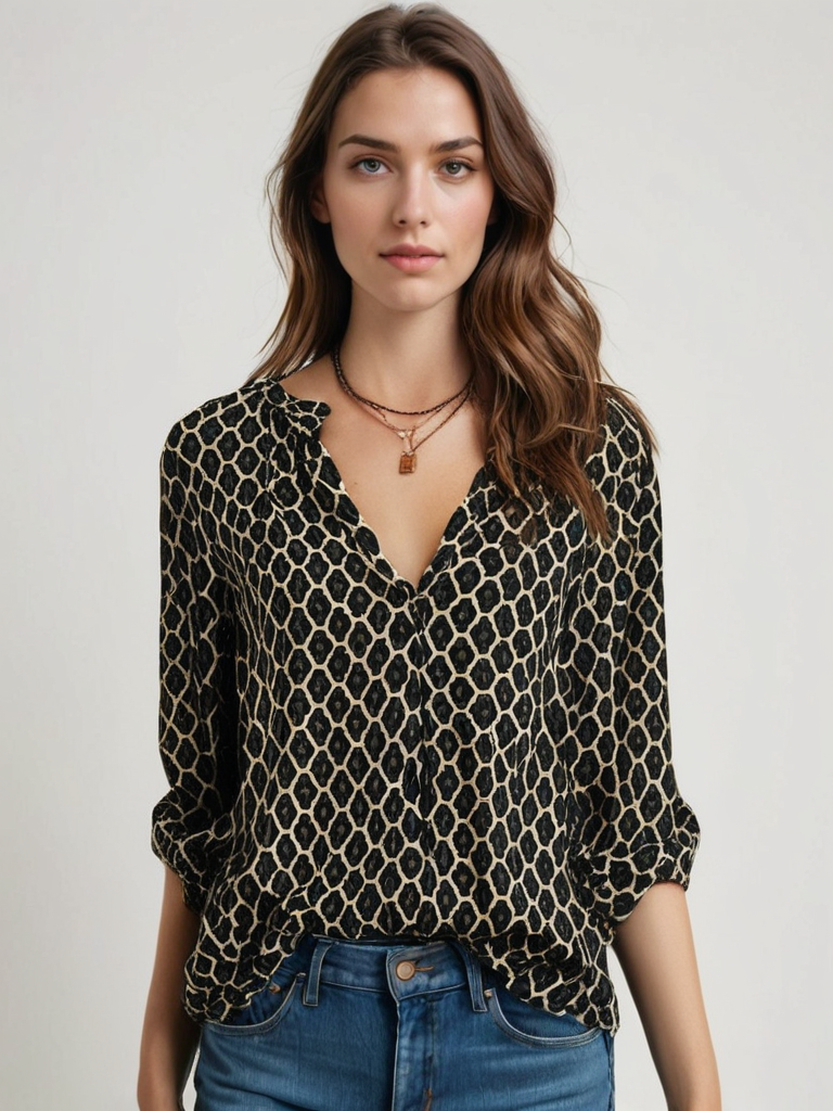 "Chemisier femme en coton, col V élégant, manches longues, motif géométrique, disponible en bleu, noir et rouge."