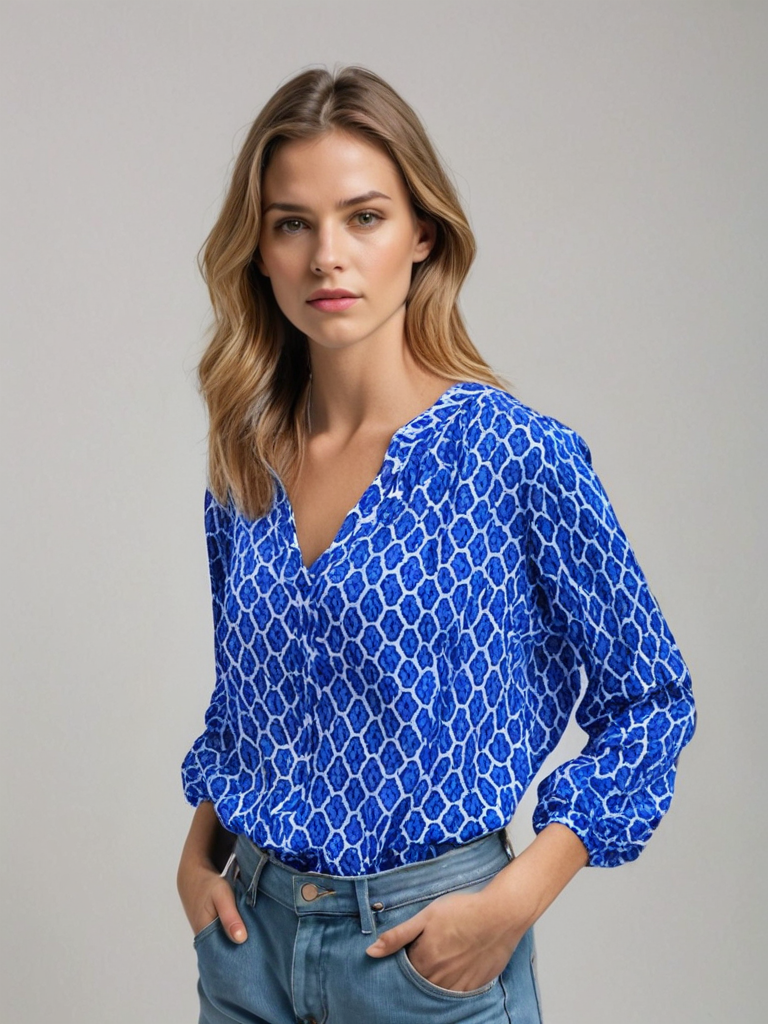 "Chemisier femme en coton, col V élégant, manches longues, motif géométrique, disponible en bleu, noir et rouge."