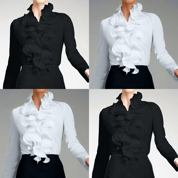 Mode femme: chemisier élégant à volants, manches longues. Col haut chic, idéal pour tenue de bureau ou soirée.