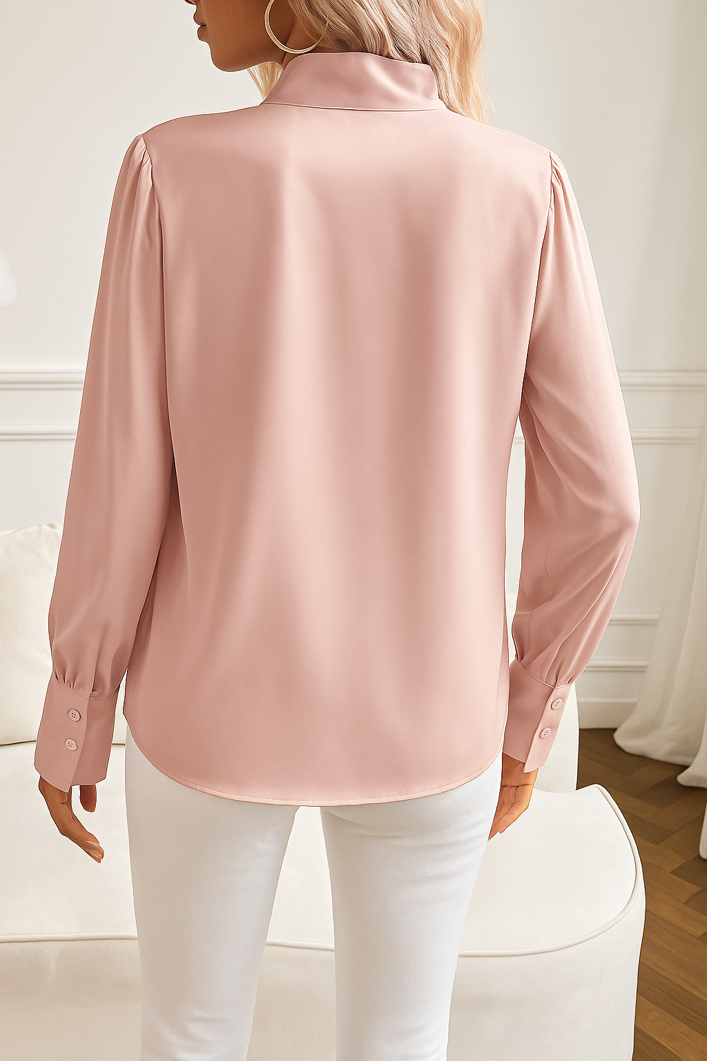Haut femme polyvalent à manches longues avec col lavallière, parfait pour une mode féminine raffinée.