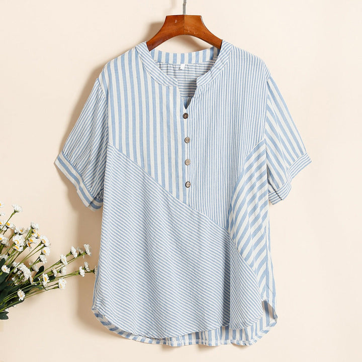 Haut femme polyvalent: chemisier rayé col V, mode été. Idéal pour look décontracté ou élégant.
