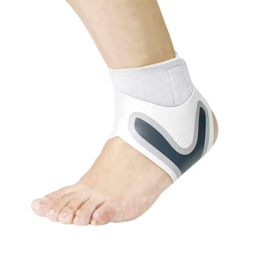 "Chevillère de maintien grise pour entorse, tendinite et arthrite, offrant confort et stabilité sous les vêtements."