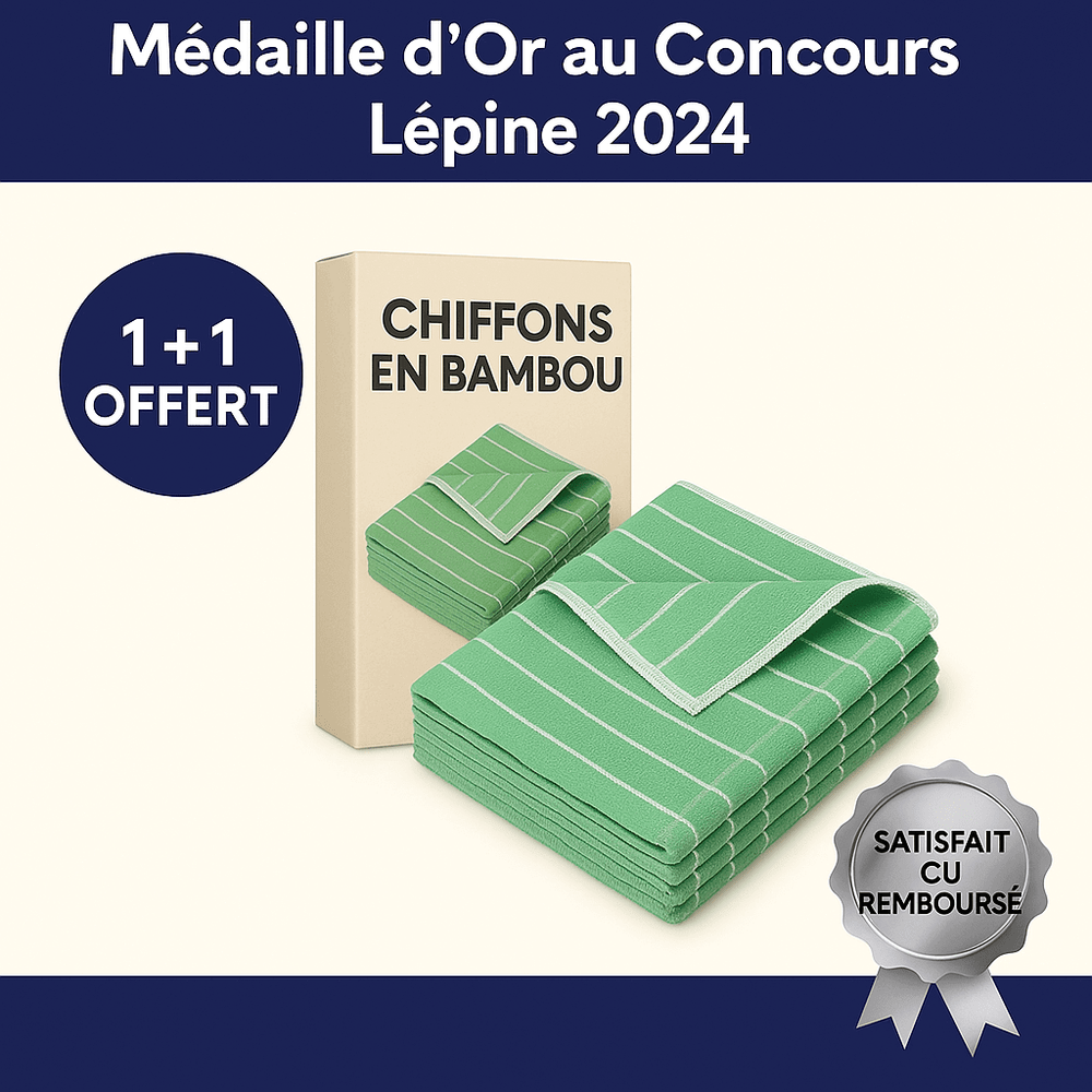 "Chiffon bambou écologique doux et ultra absorbant, idéal pour nettoyage de surfaces verre, bois et acier inoxydable."