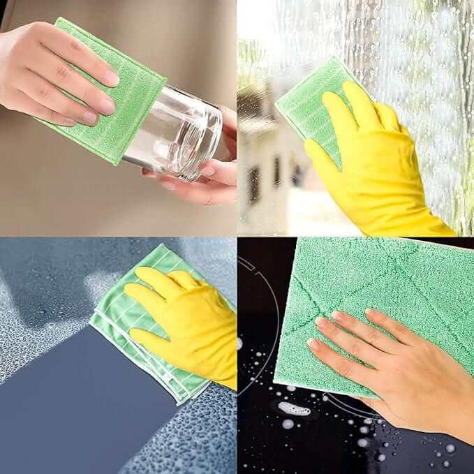 "Chiffon bambou écologique doux et ultra absorbant, idéal pour nettoyage de surfaces verre, bois et acier inoxydable."