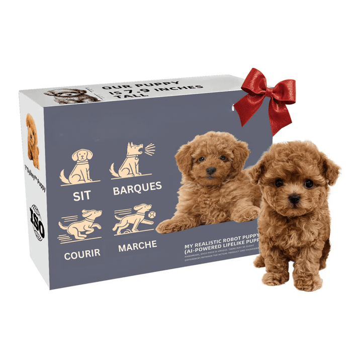 Chiot interactif réaliste pour enfants. Jouet câlin et intelligent, stimulant l'imagination et le développement.