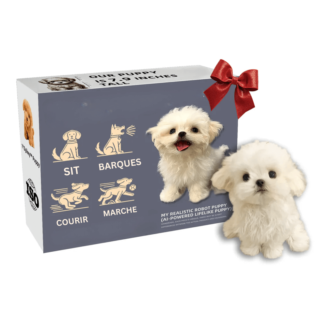 Chiot interactif réaliste pour enfants. Jouet câlin et intelligent, stimulant l'imagination et le développement.