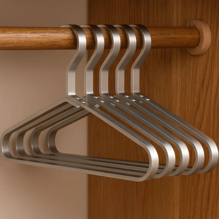 Cintres slimline en aluminium antidérapant, optimisant l'espace de votre penderie pour le rangement.