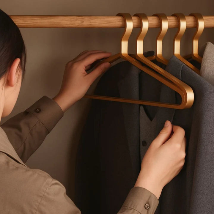 Cintres modernes en aluminium, design slimline maximisant l'espace de votre dressing élégant.