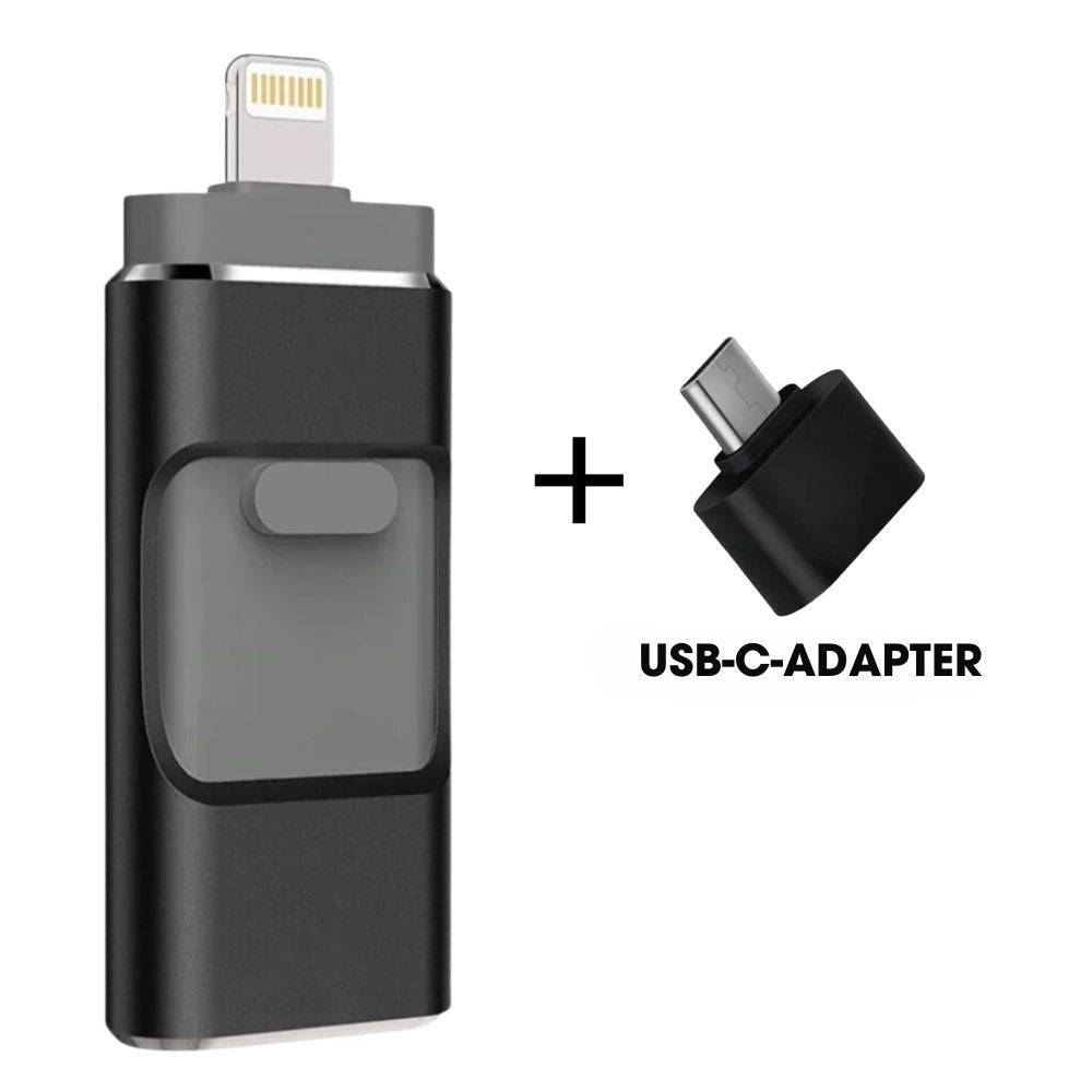 Clé USB universelle 4-en-1 pour transfert rapide de données entre iPhone, Android et ordinateurs.