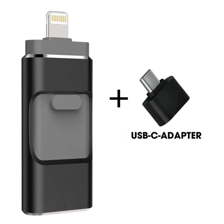Clé USB universelle 4-en-1 pour transfert rapide de données entre iPhone, Android et ordinateurs.