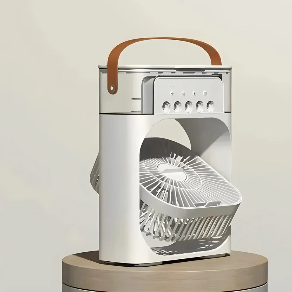 "Climatiseur portable blanc 3-en-1 avec LED, ventilateur intégré et humidificateur pour un confort optimal, design compact."