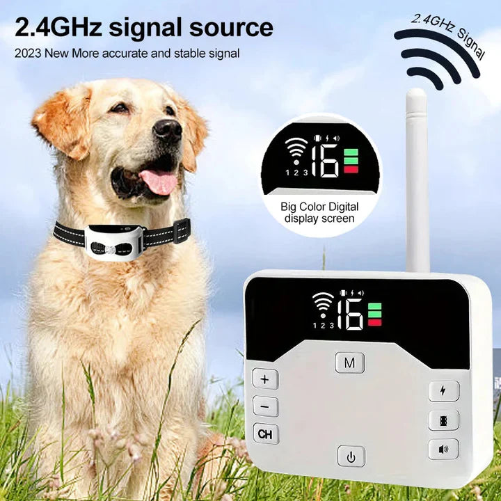 Clôture électrique sans fil pour chien. Collier de dressage intégré. Système 2-en-1 pour sécurité et éducation canine.
