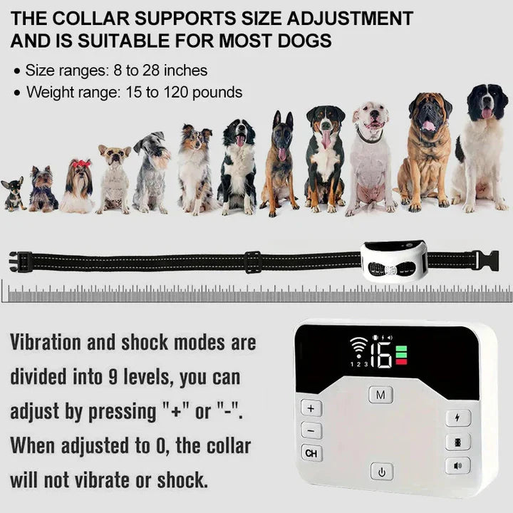 Clôture électrique sans fil pour chien. Collier de dressage intégré. Système 2-en-1 pour sécurité et éducation canine.