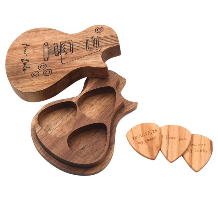 Coffret cadeau médiators guitare en bois gravés.  Accessoires guitare, design élégant.