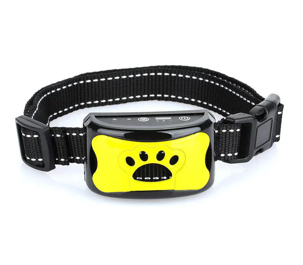 "Collier anti-aboiement chien ergonomique, vibrant, et personnalisable pour une éducation respectueuse et sans stress."