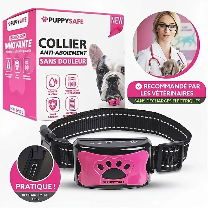 Collier anti-aboiement chien, vibrations douces, éducation positive, indolore.