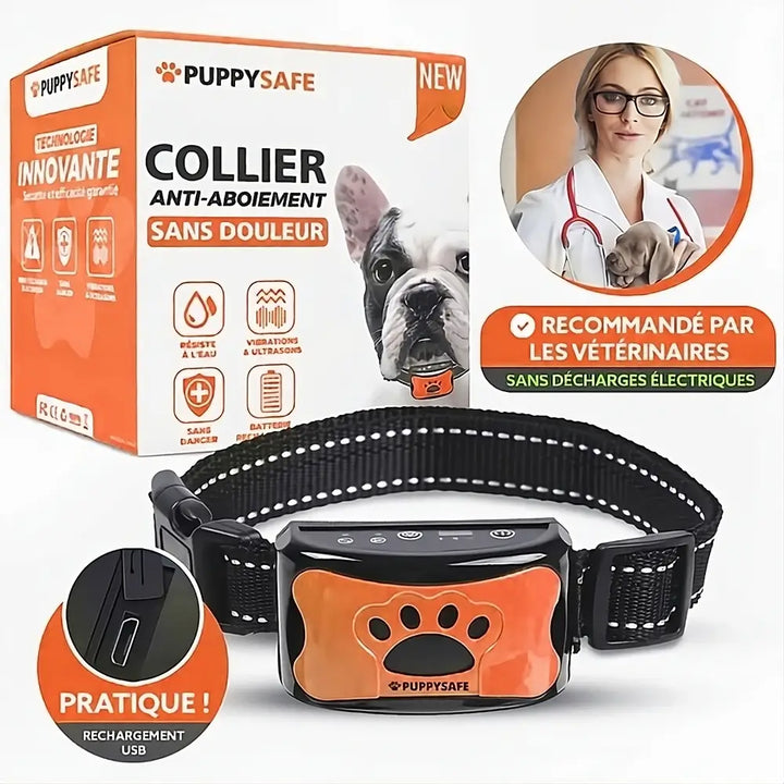 Collier anti-aboiement chien, vibrations douces, éducation positive, indolore.