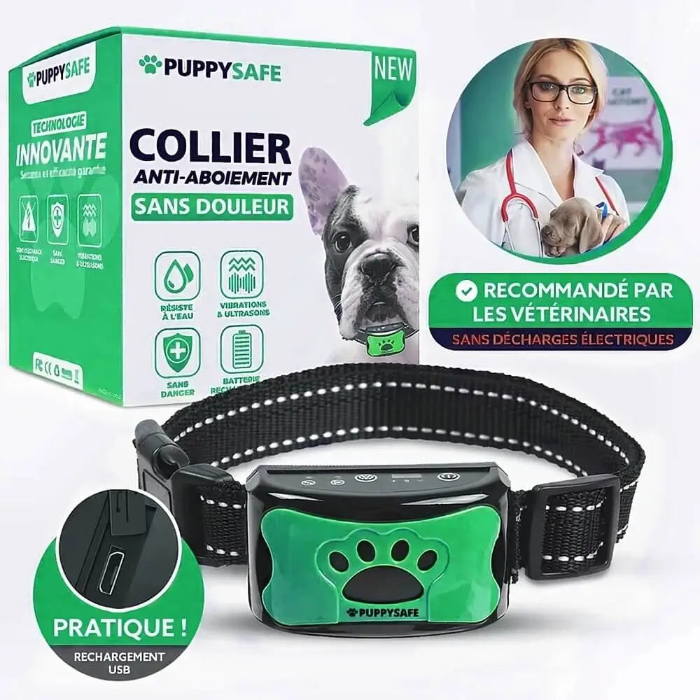 Collier anti-aboiement chien, vibrations douces, éducation positive, indolore.