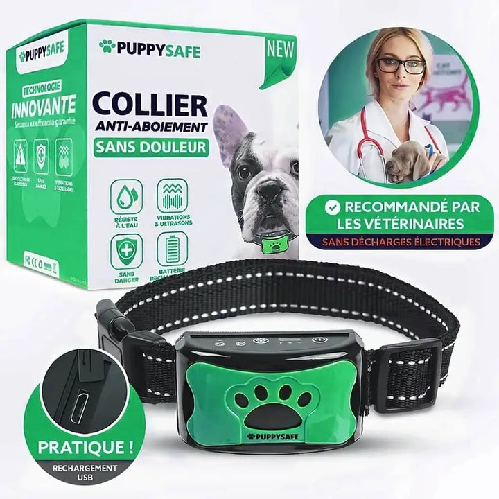 Collier anti-aboiement chien, vibrations douces, éducation positive, indolore.