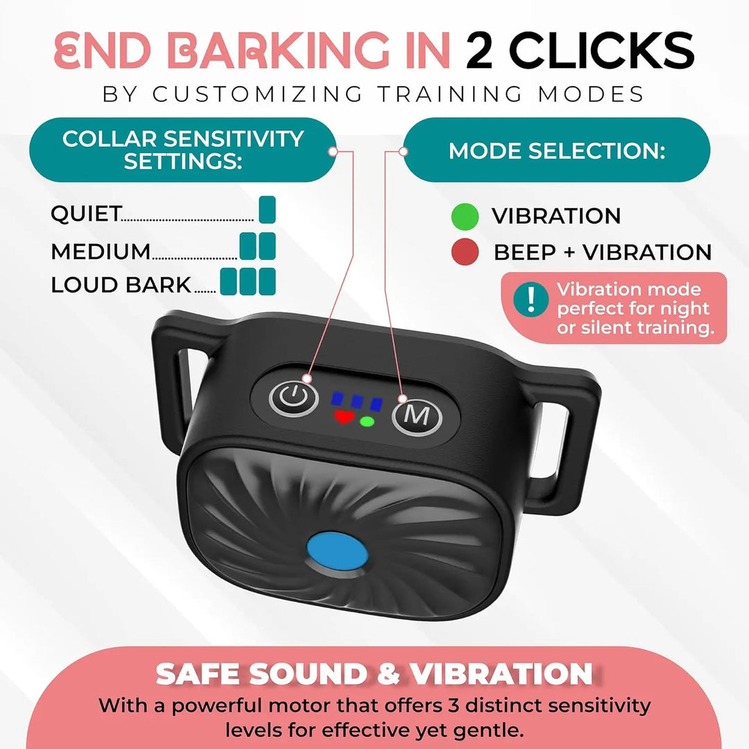 Collier anti-aboiement pour petits chiens. Dressage doux par vibrations et sons.  Confort optimal, résistant et étanche.