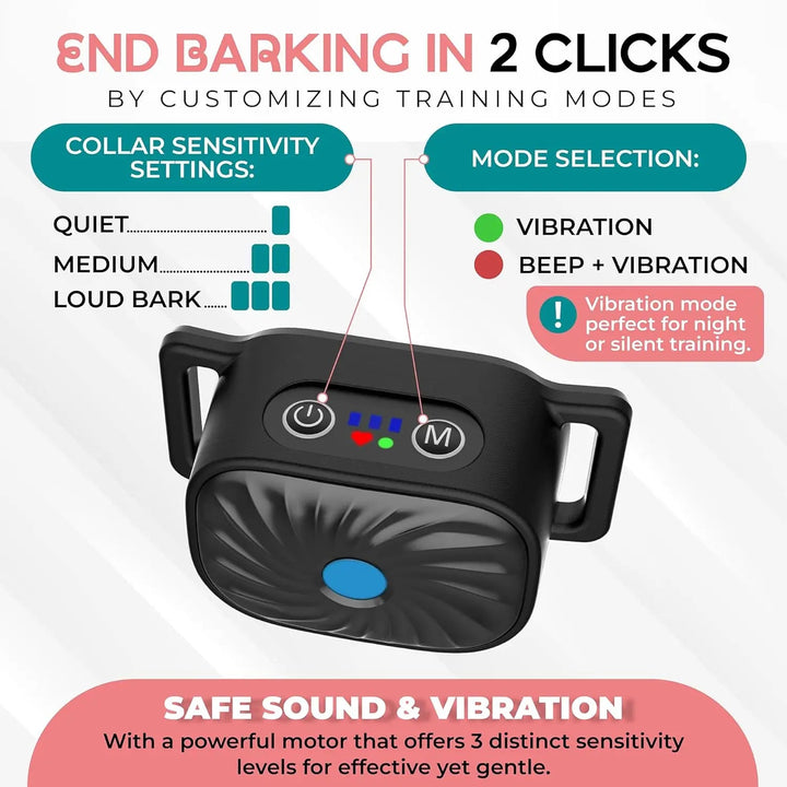 Collier anti-aboiement pour petits chiens. Dressage doux par vibrations et sons.  Confort optimal, résistant et étanche.