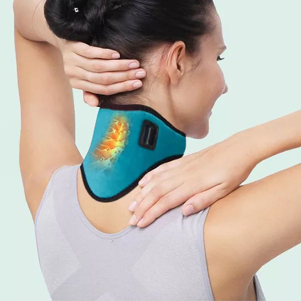 Collier cervical chauffant. Soulage douleurs cervicales et migraines. Chaleur ajustable, design ergonomique.