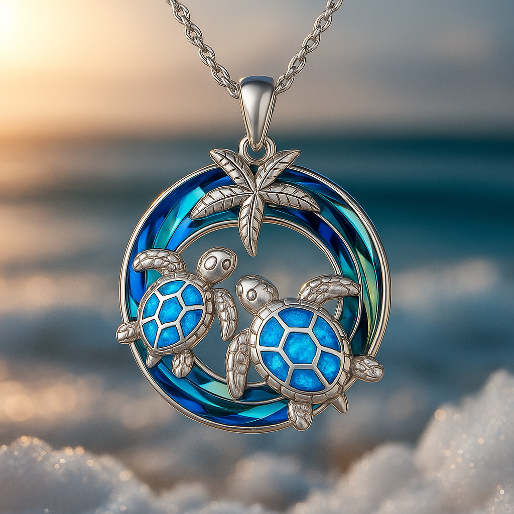 Collier femme élégant avec pendentif tortue de mer argenté et opale bleue, style tropical océanique.
