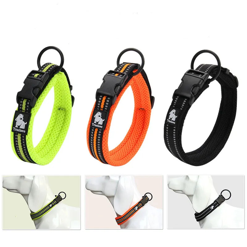 Collier réfléchissant pour chien avec bandes lumineuses, réglable, tissu respirant, idéal pour promenades nocturnes.
