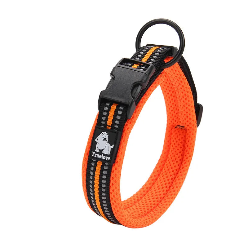 Collier réfléchissant pour chien avec bandes lumineuses, réglable, tissu respirant, idéal pour promenades nocturnes.