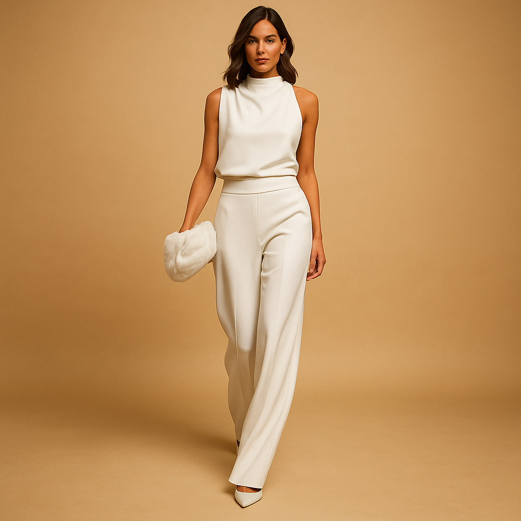 Combinaison chic pour femme avec taille haute, jambes larges évasées, design sans manches et col licou.