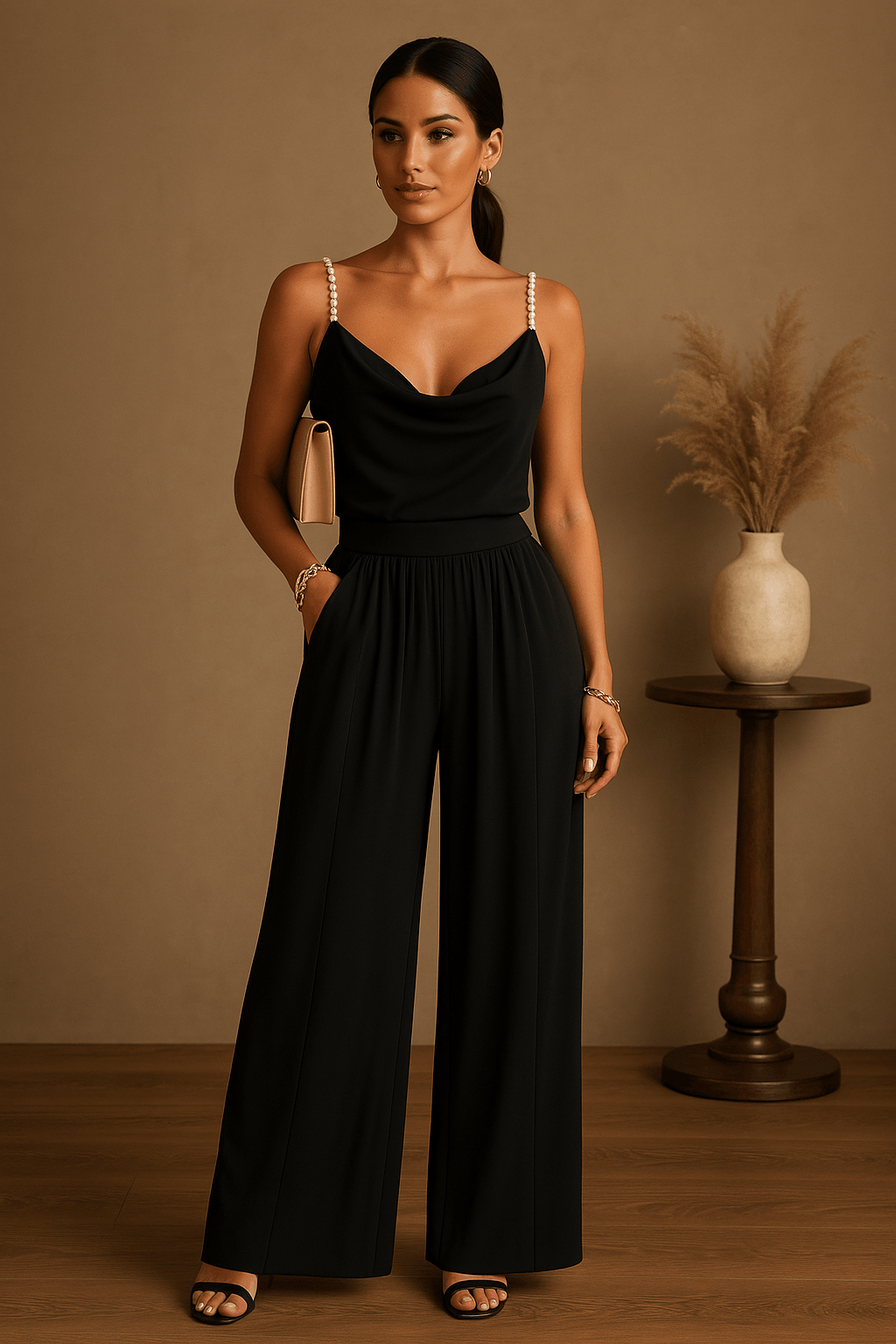 "Combinaison élégante femme avec bretelles spaghetti et jambes larges, idéale pour soirées et mariages, vue de profil."