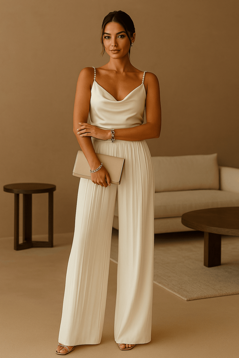 "Combinaison élégante femme avec bretelles spaghetti et jambes larges, idéale pour soirées et mariages, vue de profil."