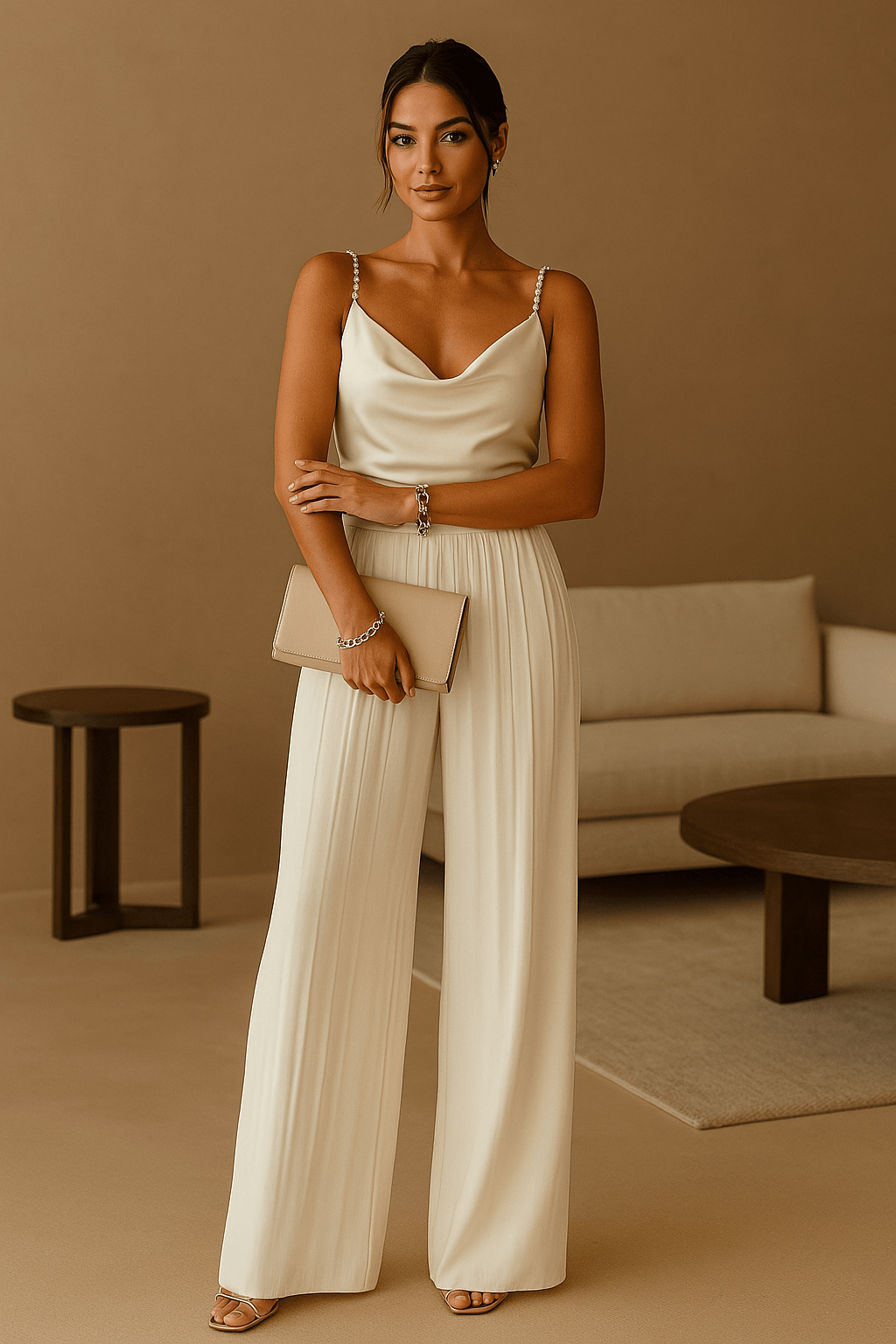"Combinaison élégante femme avec bretelles spaghetti et jambes larges, idéale pour soirées et mariages, vue de profil."