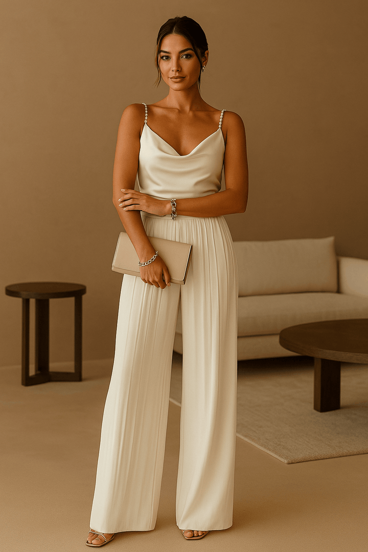 "Combinaison élégante femme avec bretelles spaghetti et jambes larges, idéale pour soirées et mariages, vue de profil."