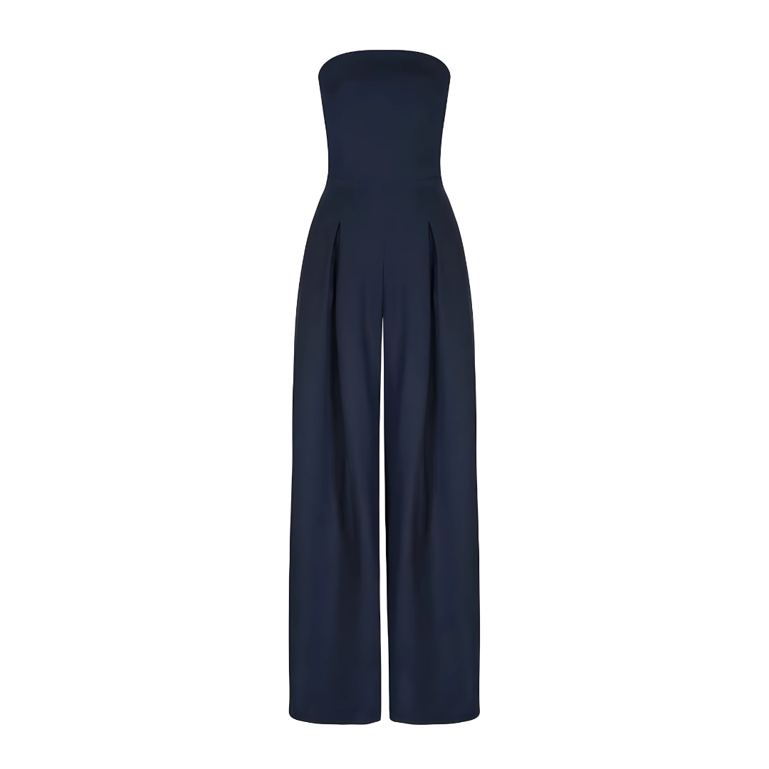 "Combinaison élégante sans bretelles, silhouette gracieuse, tissu léger, idéale pour occasions chic ou décontractées."