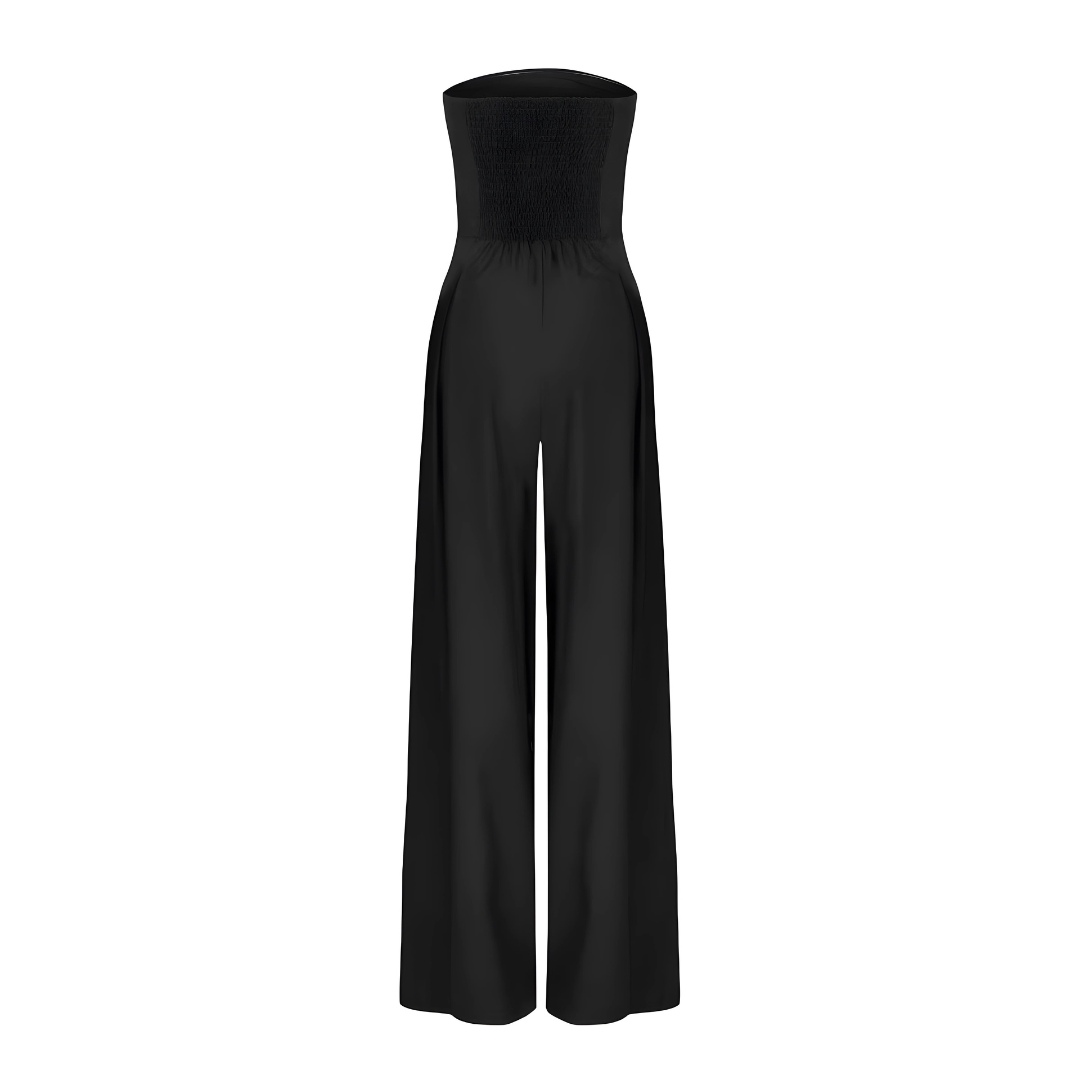 "Combinaison élégante sans bretelles, silhouette gracieuse, tissu léger, idéale pour occasions chic ou décontractées."