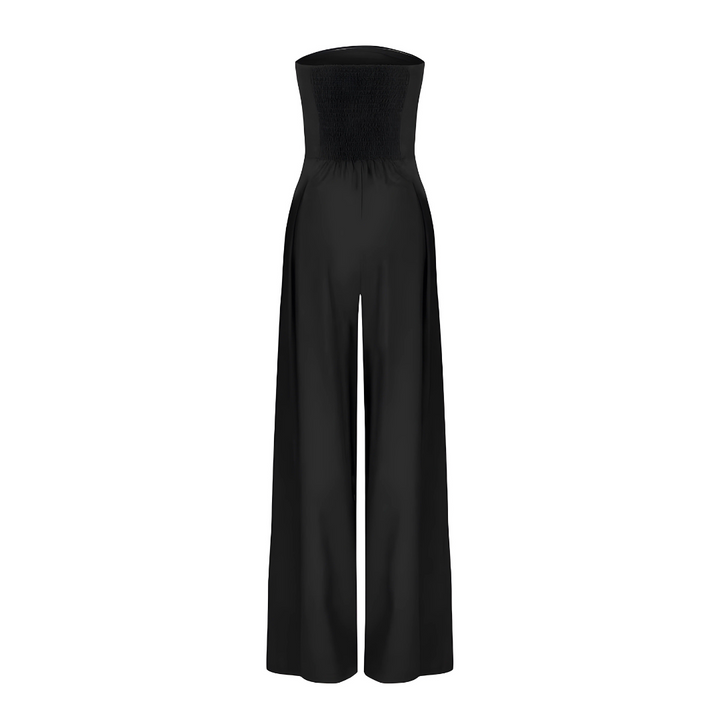 "Combinaison élégante sans bretelles, silhouette gracieuse, tissu léger, idéale pour occasions chic ou décontractées."