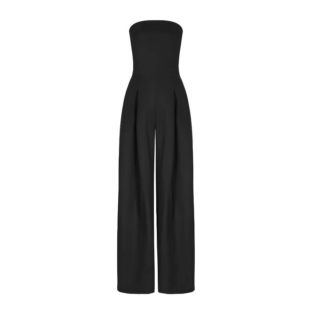 "Combinaison élégante sans bretelles, silhouette gracieuse, tissu léger, idéale pour occasions chic ou décontractées."
